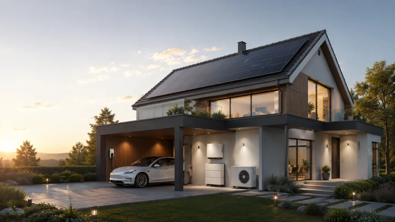 Modernes Einfamilienhaus mit Photovoltaik, Batteriespeicher und E-Auto