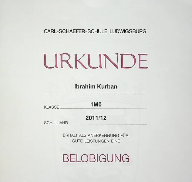Urkunde: Belobigung während der Ausbildung