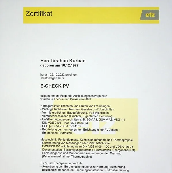 Zertifikat: E-CHECK PV — Prüfen von Photovoltaik-Anlagen