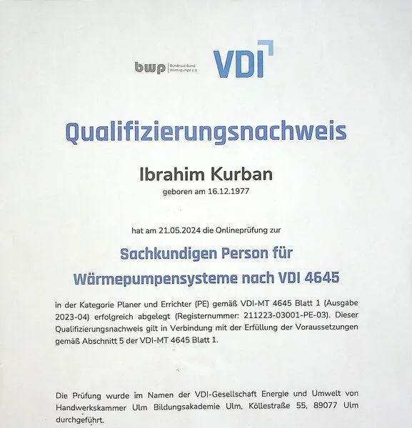 Zertifikat: Sachkundige Person für Wärmepumpensysteme nach VDI 4645