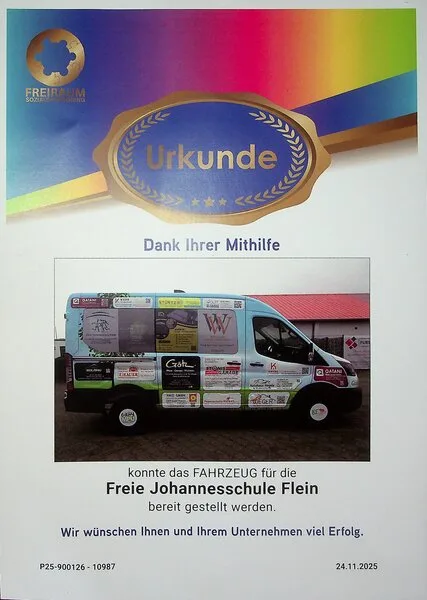 Urkunde: Fahrzeug-Sponsoring für die Freie Johannesschule Flein