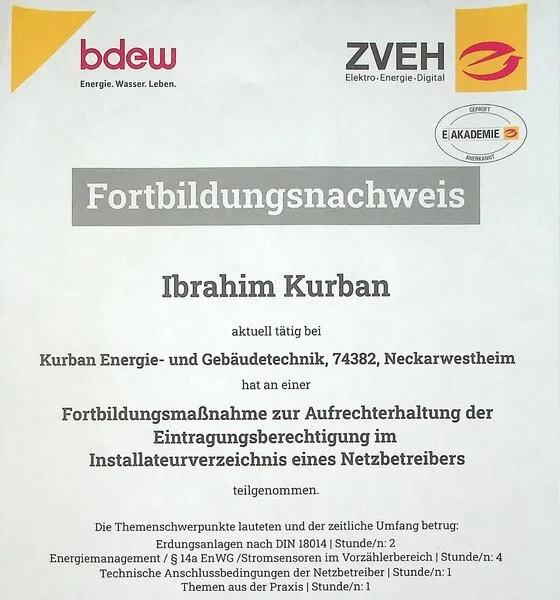 Zertifikat: Eintragung im Installateurverzeichnis des Netzbetreibers